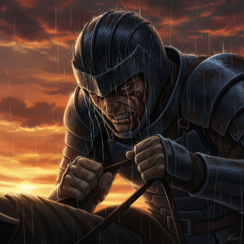 Close-up on Kai's (heavily armored, dented and mud-splattered with head bowed) face.