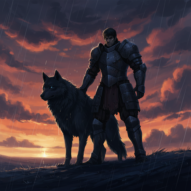 Kai (heavily armored, dented and mud-splattered with head bowed) and Nightfall crest a small rise in the moor.