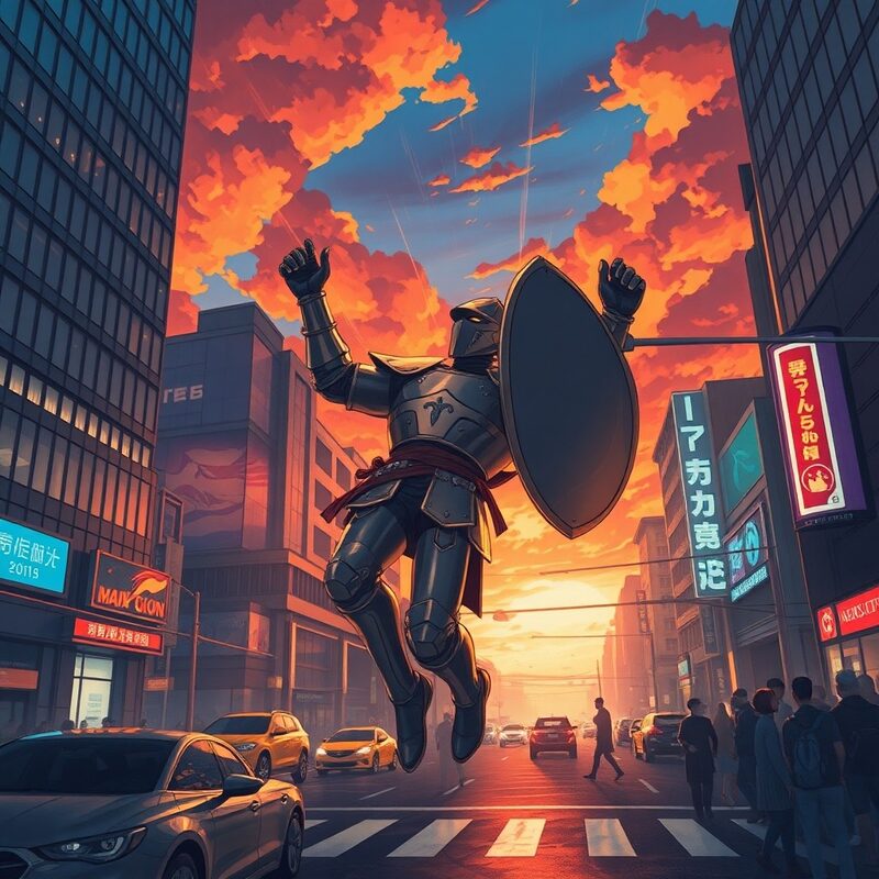 Calder crashes through a shimmering rift in the air and lands with a clang on a crowded city street at dawn.