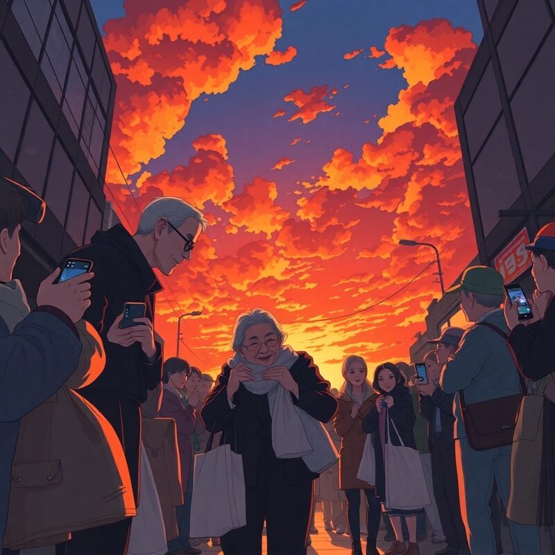 Calder helps a frail grandmother struggling with tangled bags in a crowded street.