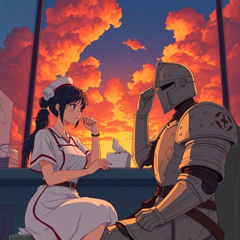 In a sunlit clinic, Mira (a female-presenting human nurse) sits with Calder (adult male-presenting human knight wearing dented plate armor…