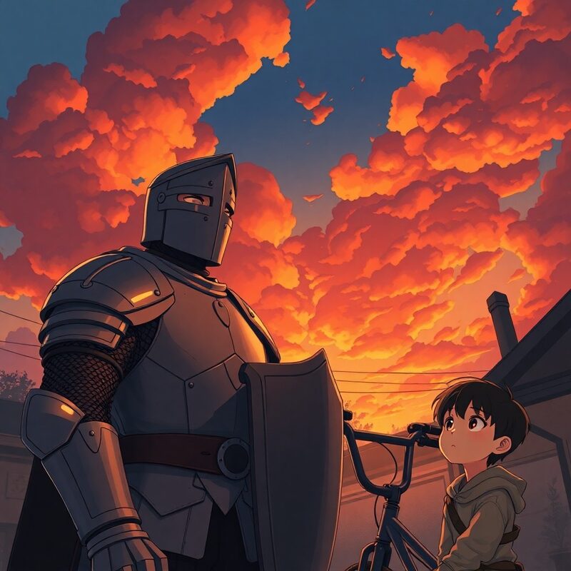 Calder (adult male-presenting human knight wearing dented plate armor with visor half-open, shield strapped to his back) volunteers at a…
