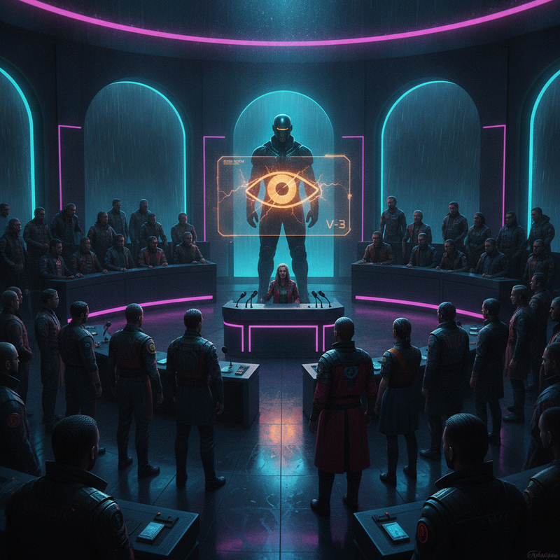 A newly formed council chamber filled with a diverse assembly of citizens.