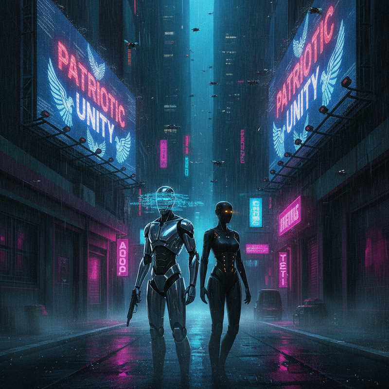 A rain‑slick neon megacity at night, holo‑ads for “Patriotic Unity” flicker on towering billboards while swarms of buzzing drones hover…