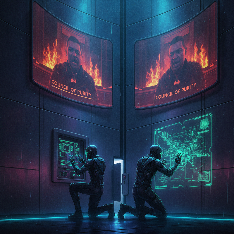Inside a towering glass tower, massive screens broadcast a fiery speech from the Council of Purity.