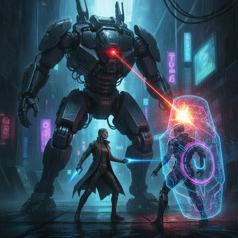 A hulking enforcement drone blocks the corridor, its chassis bristling with weaponized servos and a single red eye scanning the intruders.