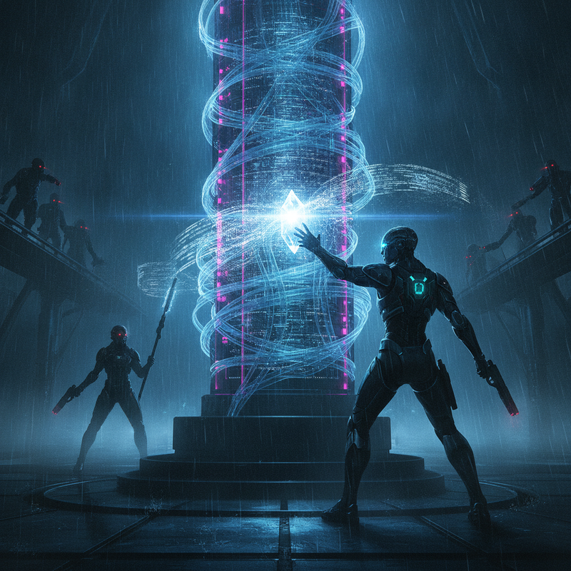 At the heart of the tower, a central server core glows with a lattice of quantum filaments.