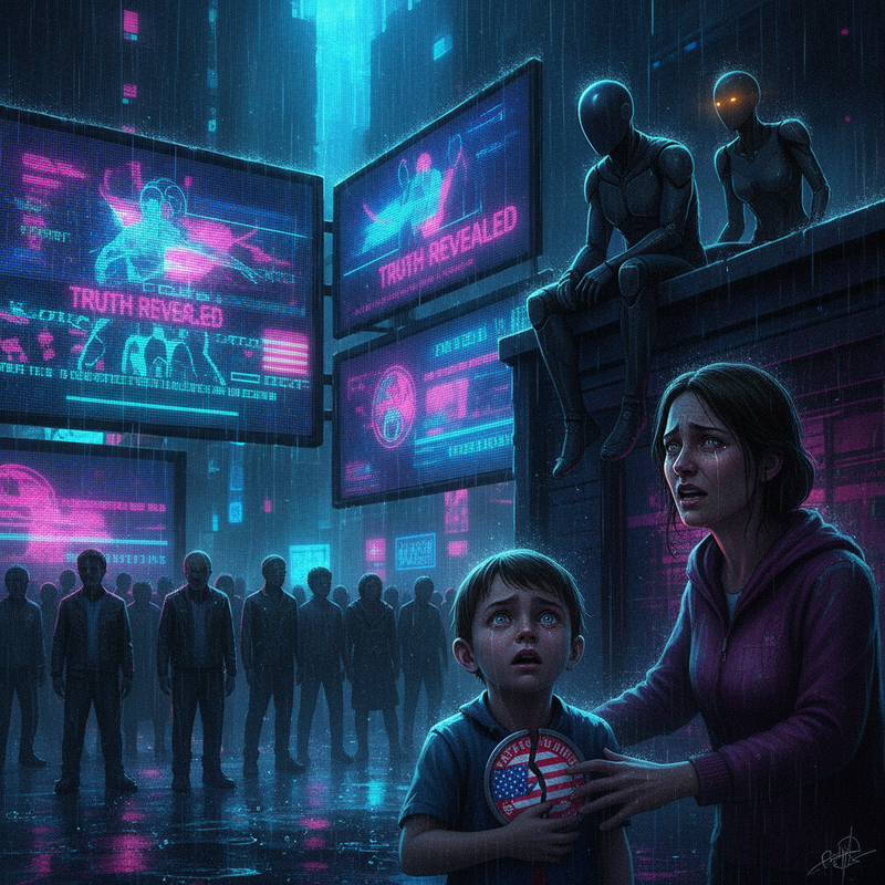 Outside, massive screens illuminate the streets.