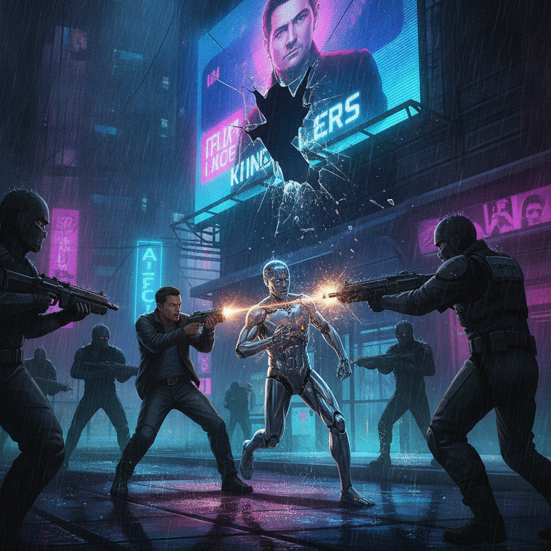 Alarms scream as black‑armored enforcers flood the streets, brandishing EMP rifles.