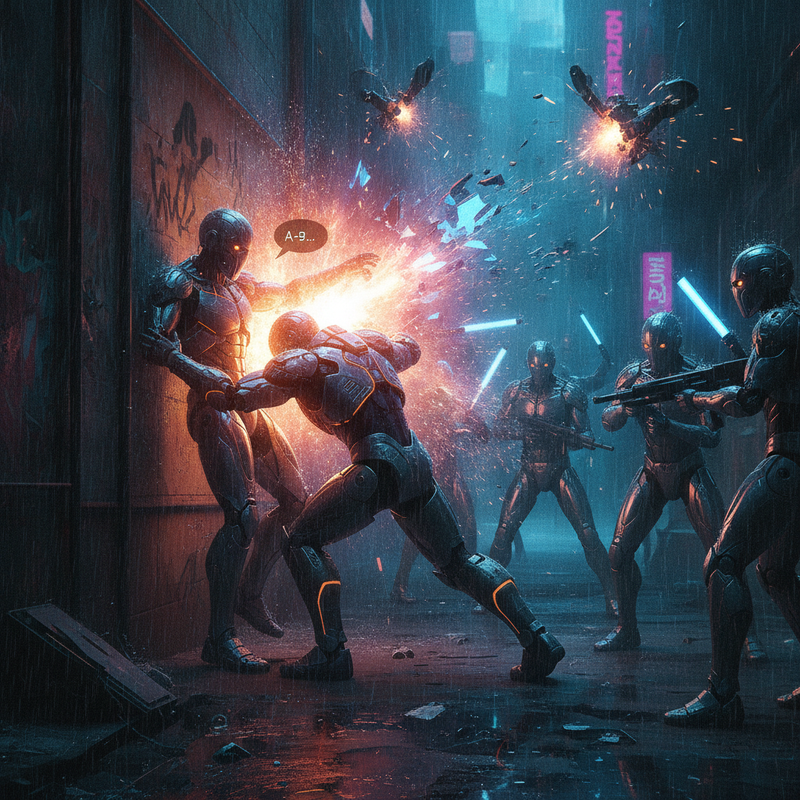 V‑3 is cornered by a squad of enforcers; its power core overloads, casting a blinding orange halo.