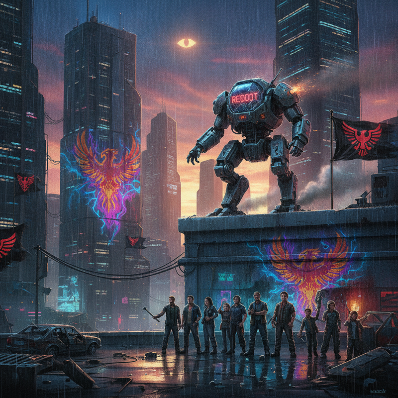 The city at sunrise, oppressive banners torn down and replaced by graffiti of a phoenix rising.
