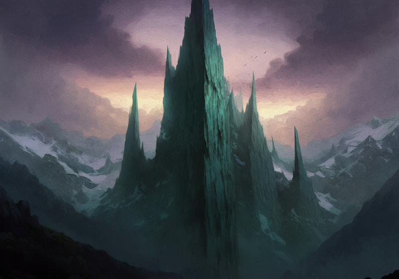 A jagged, impossibly tall mountain range pierces the bruised purple dawn sky.