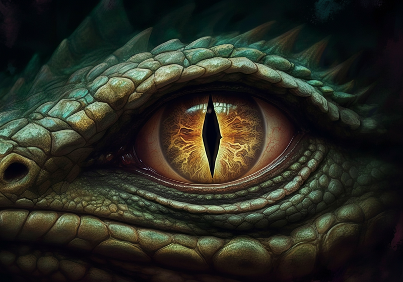 Close up on a single, reptilian eye, the color of tarnished gold, staring out from a darkened cave.