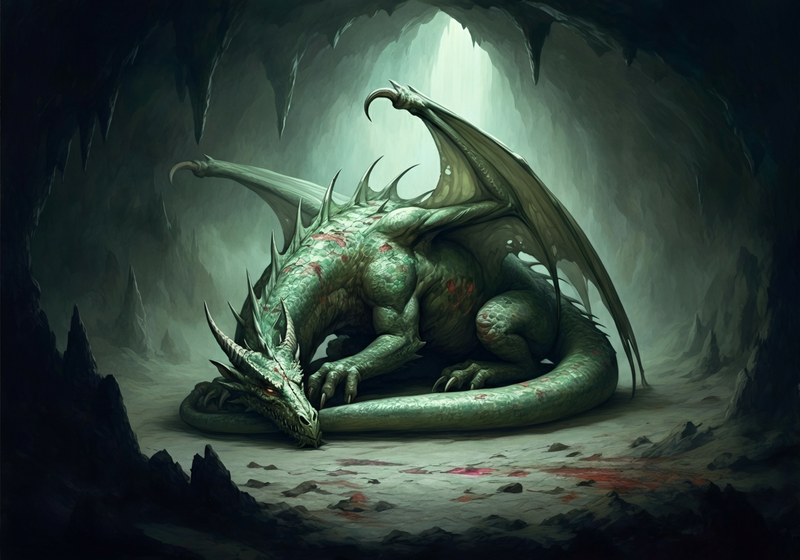 The dragon, Alector, is ancient and curled in on himself within a vast cave illuminated weakly from the entrance.
