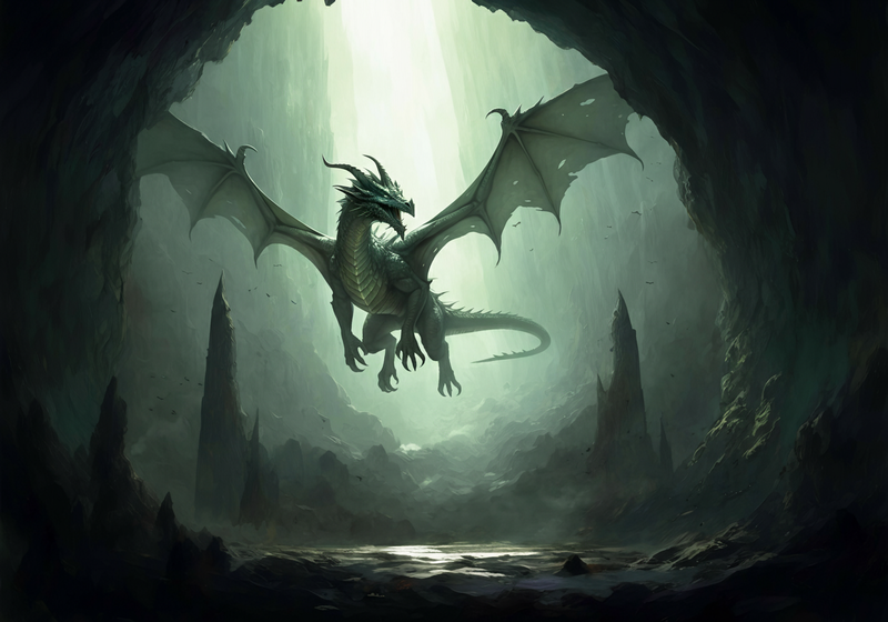 Alector bursts from the cave mouth, silhouetted against the bright sunlight.