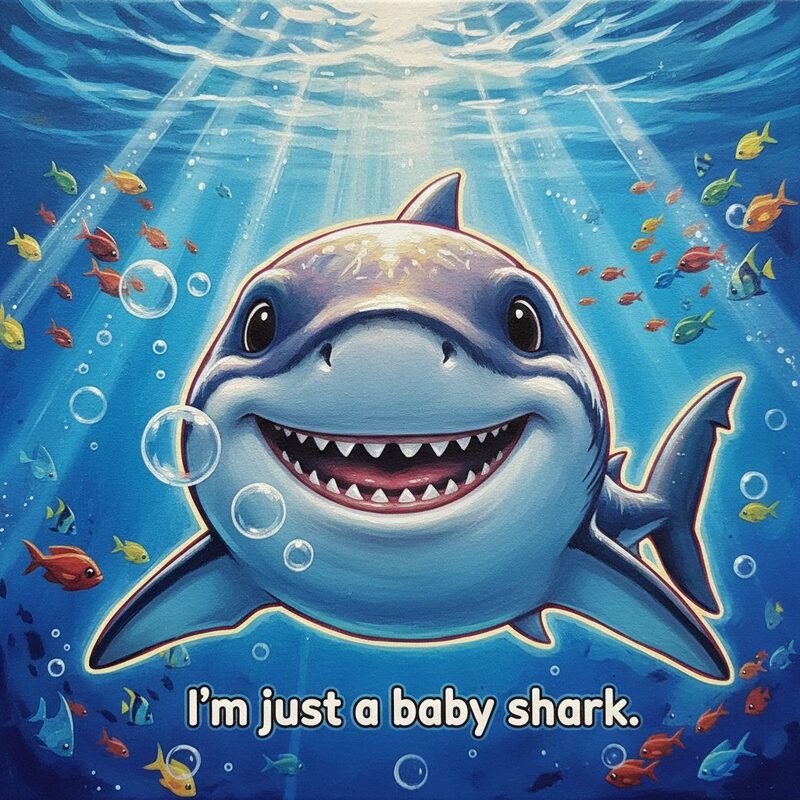 Close-up of the baby shark's face, smiling with tiny harmless teeth, bubbles escaping its mouth; sunbeams glitter in the water and tiny…