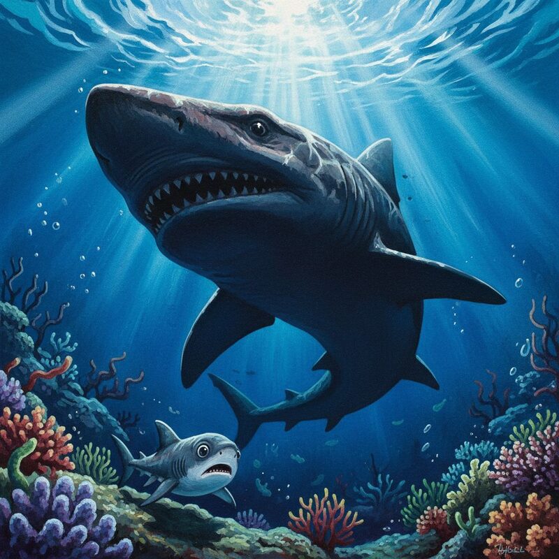 Dynamic low-angle view from the reef looking up: the monstrous curve of a megalodon's snout appears from the dark, a hint of its gargantuan…