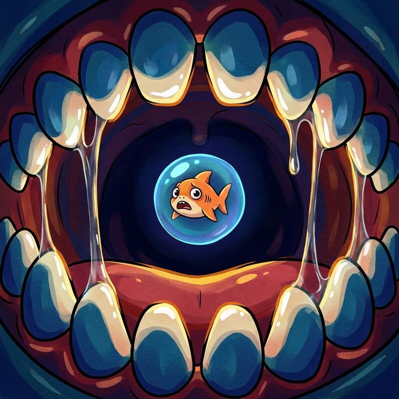 Extreme close-up from the baby shark's perspective: the megalodon's mouth yawns open like a cavern, rows of massive blunt teeth framing the…