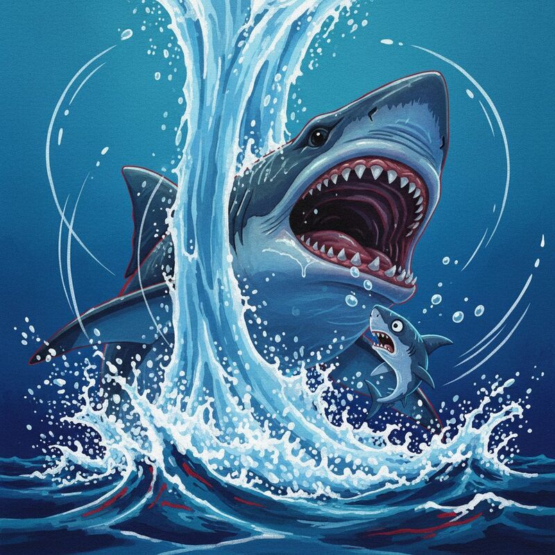 Action-packed full-page energy: the megalodon lunges upward in a surge of water, spray and bubbles exploding outward; the baby shark is…