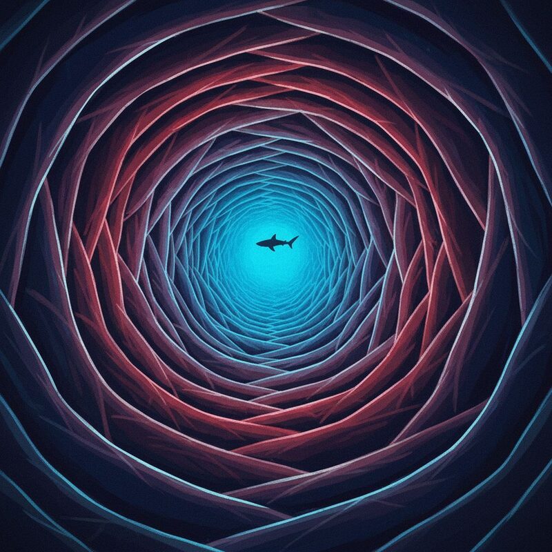 Interior view inside the megalodon's throat rendered like a surreal, ribbed tunnel with dim red-blue lighting; the baby shark is a small…