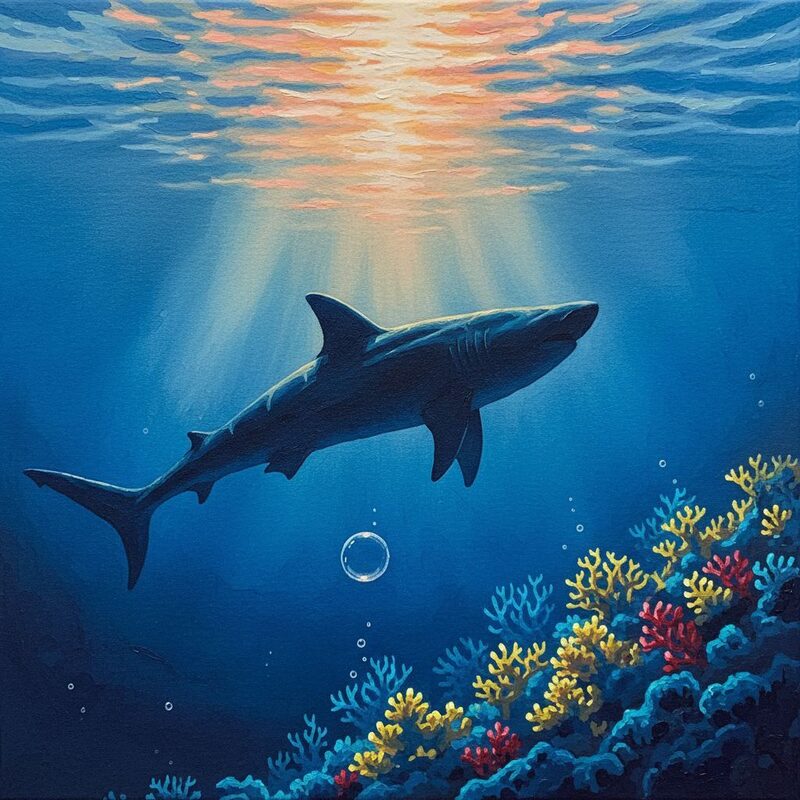 Wide, quiet ocean shot as the surface calms; the massive megalodon silhouette swims away into deep blue, the sunlit reef now empty, only a…