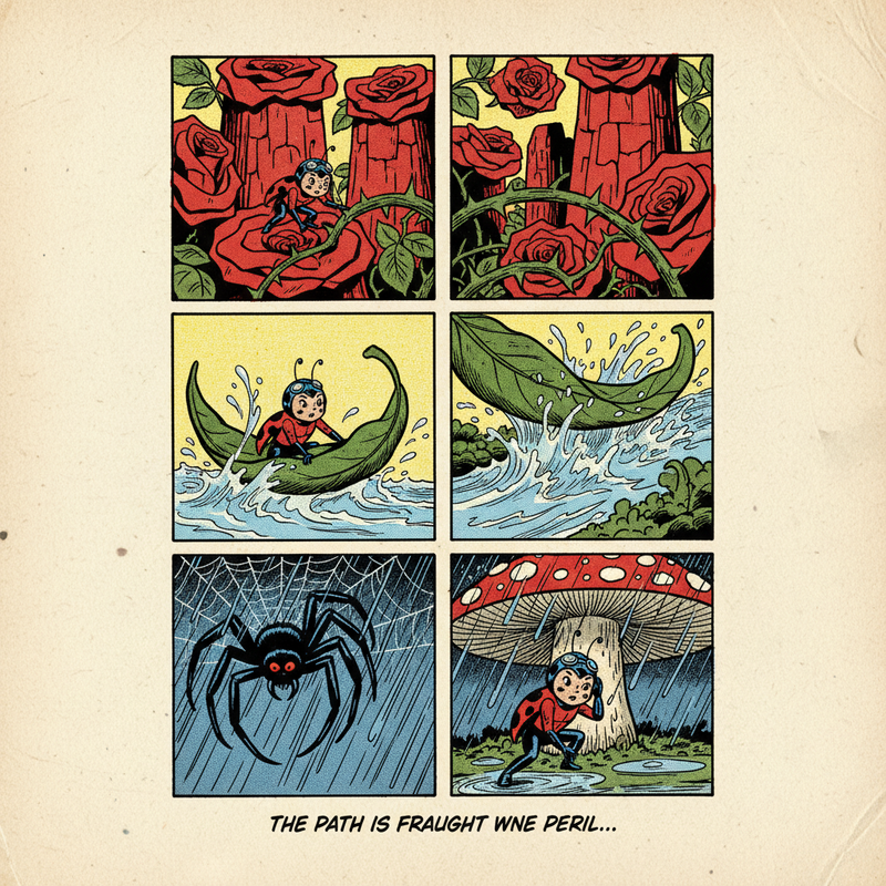 A series of four small, vertical panels showing Elara’s journey.