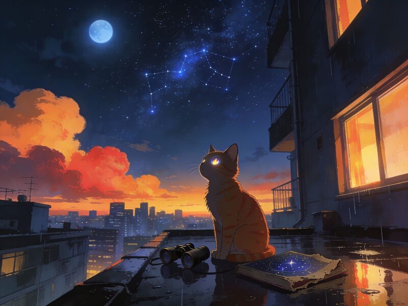 A small orange tabby cat sits on a rain-slick apartment rooftop at night, silhouetted against a sprawling city skyline and a brilliant…