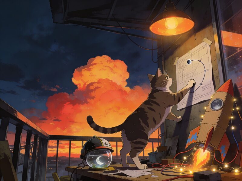 Interior of a cluttered balcony workshop: the cat stands on a workbench surrounded by scraps — a tiny helmet fashioned from a fishbowl, a…