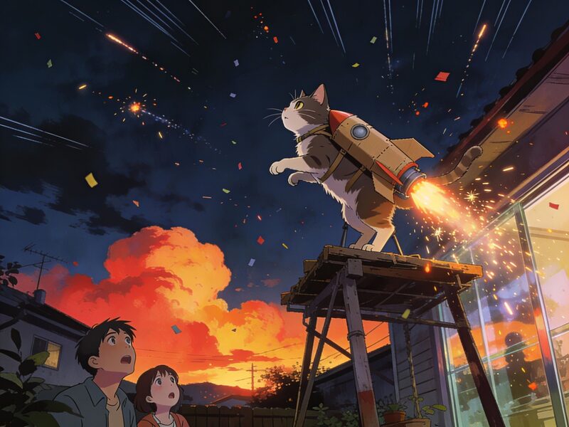 Dramatic mid-shot of the cardboard rocket strapped to the cat as it blasts off from the backyard with a makeshift platform; sparks and…