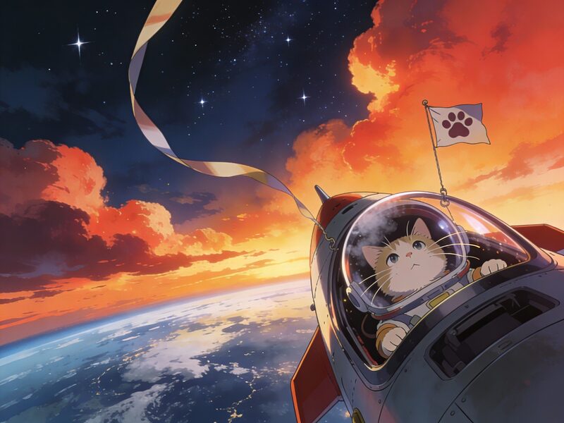 Wide shot of Earth receding below: the cat floats inside the rocket's open capsule in zero gravity, whiskers drifting, helmet visor fogged…