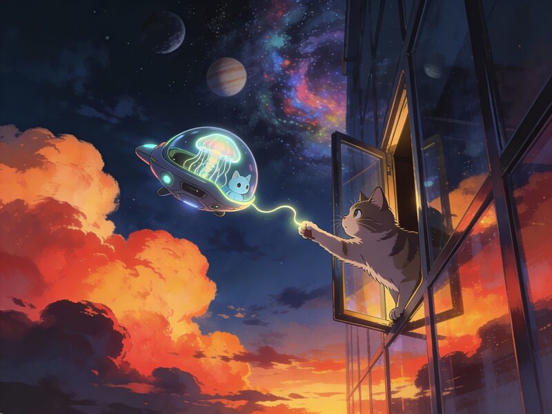 First contact: a small, luminescent alien craft shaped like a jellyfish approaches; the cat reaches a cautious paw through the open hatch…