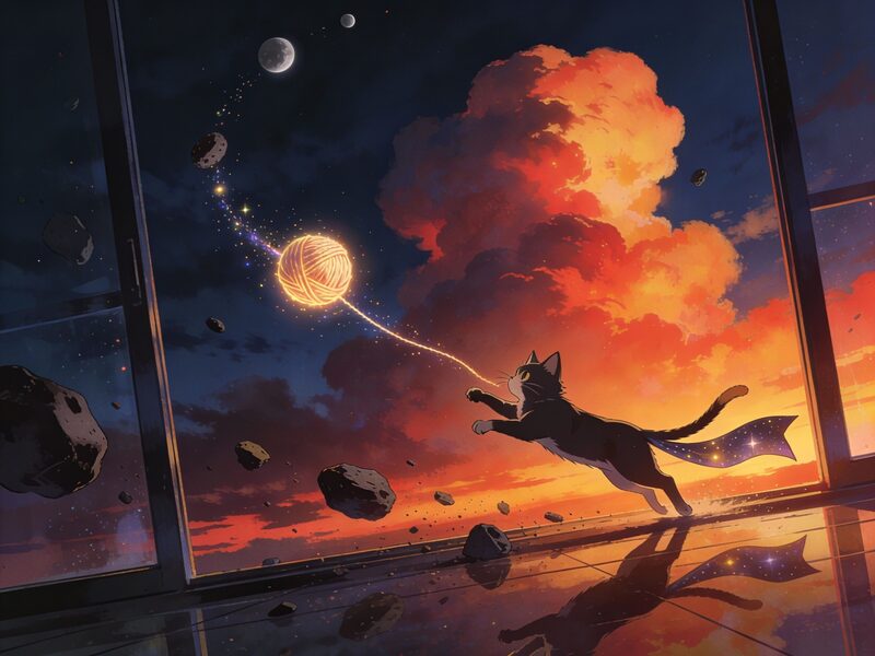 Playful action: the cat chases a glowing skein of cosmic yarn that bounces between floating asteroids and tiny moons; dynamic diagonals…