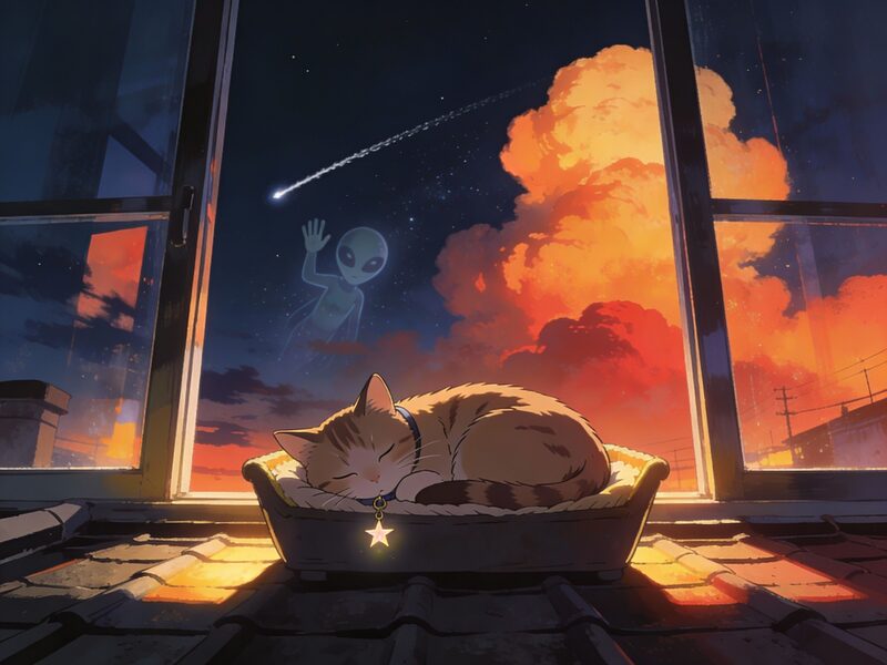 Warm domestic scene: the cat curls up in a sunlit window bed back on the rooftop, a tiny star-shaped charm hanging from its collar that…