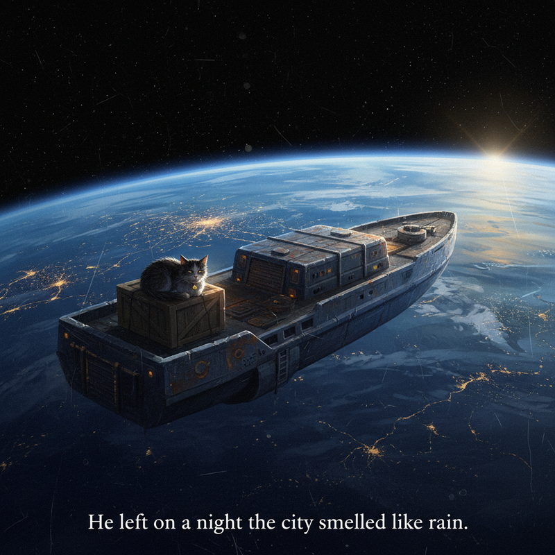 Wide, cinematic pull-back from Earth: swelling blue oceans and smeared city lights recede into the black.