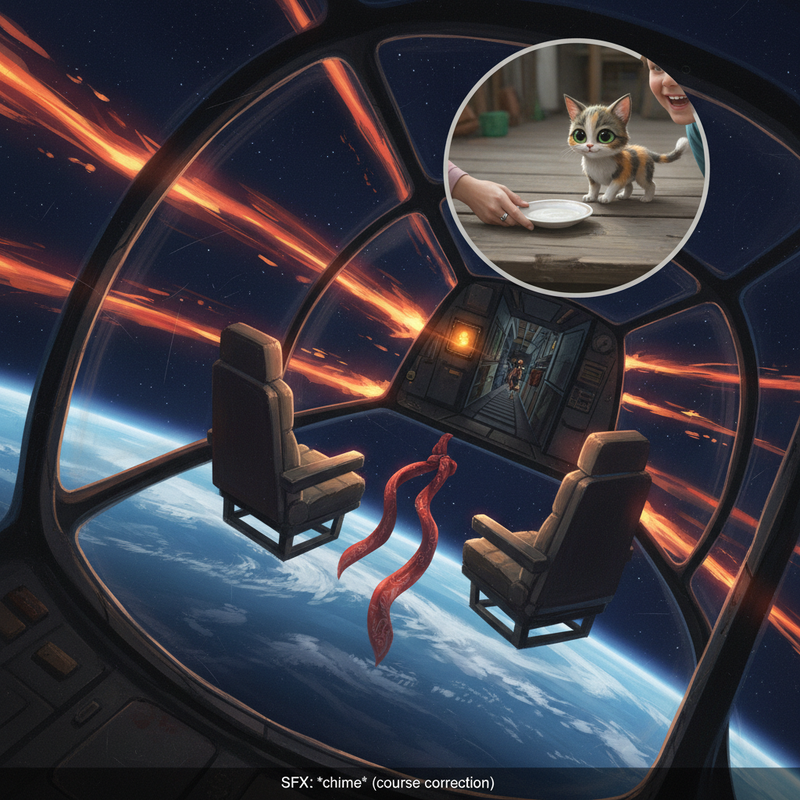 Medium shot through cockpit glass as the freighter pierces atmosphere: streaks of plasma and orange reentry light smear across the view…