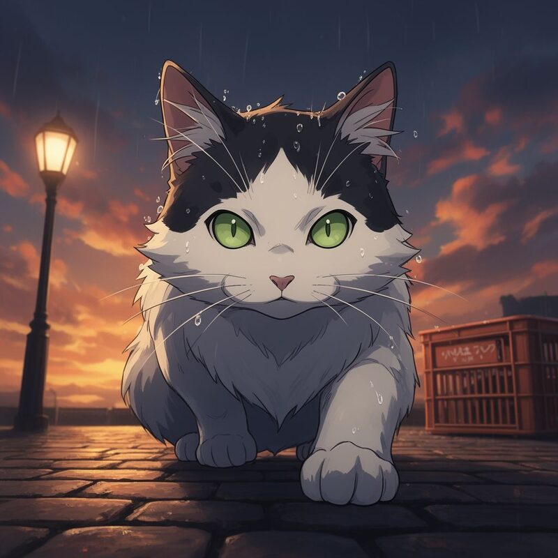 Close-up on Smudge's face under the lamplight: mostly white fur, the black spots framing her forehead and ears like a crooked crown; her…