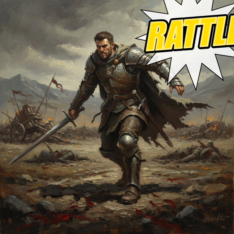 The swordsman (clad in worn leather armor) breaks into a run, his armor rattling.