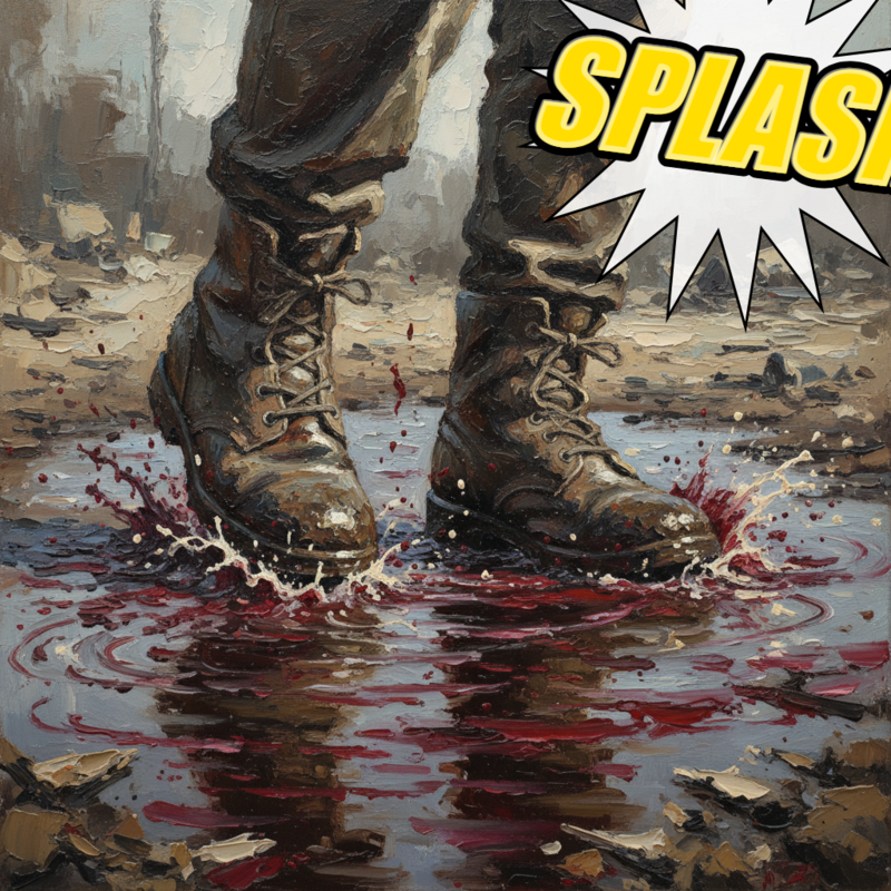 Close-up on his boots as he runs, splashing through a puddle of muddy water stained with blood.