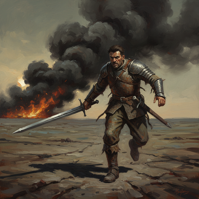The swordsman (clad in worn leather armor) is running towards the smoke plume with his sword drawn.
