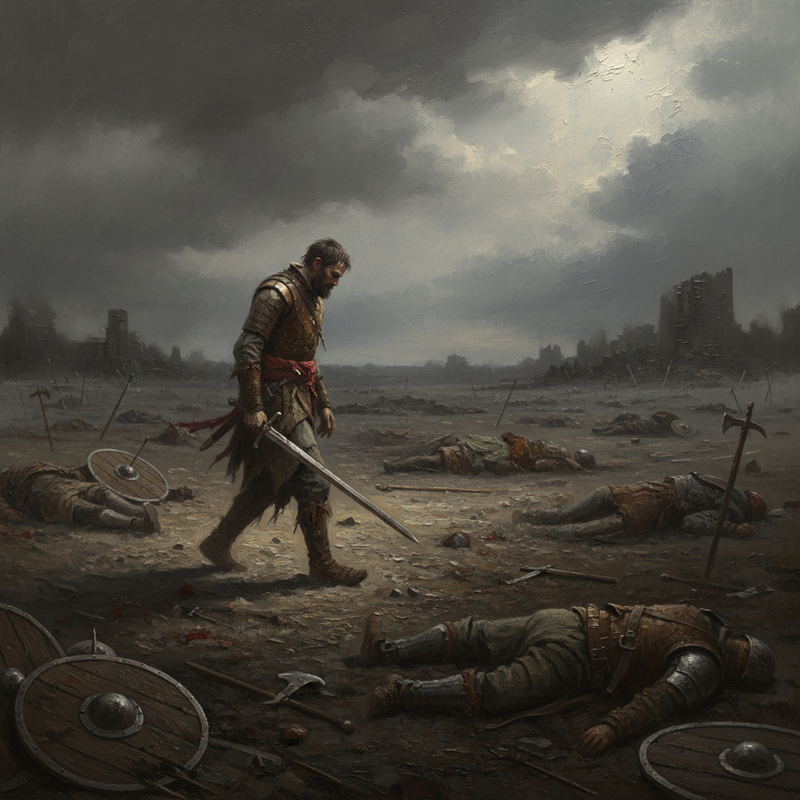 Wide shot of a desolate battlefield, littered with broken weapons and bodies.