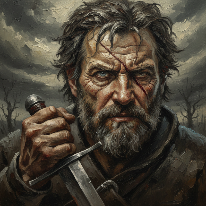 Close-up on the swordsman's face, weathered and grim.