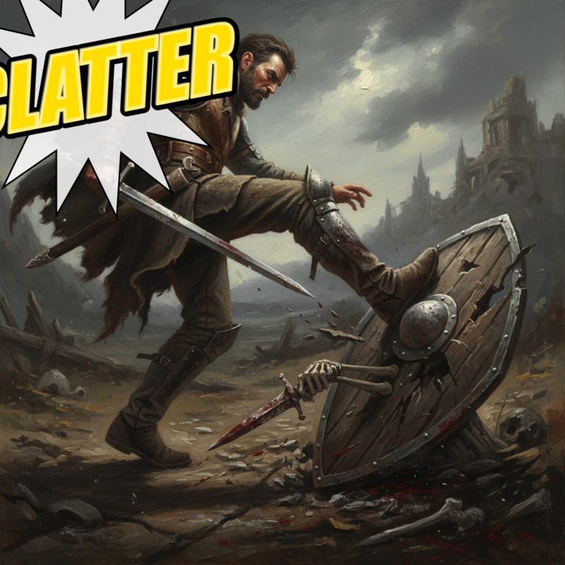 The swordsman (clad in worn leather armor) kicks aside a broken shield, revealing a skeletal hand clutching a rusted dagger.