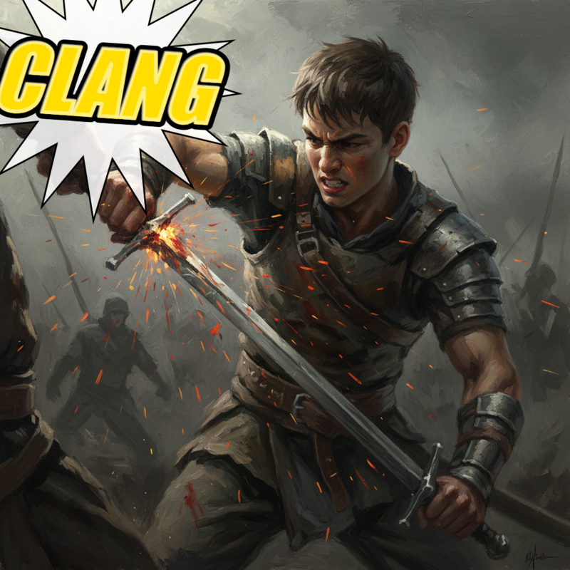 Close-up of the swordsman's younger self parrying a blow with his sword.