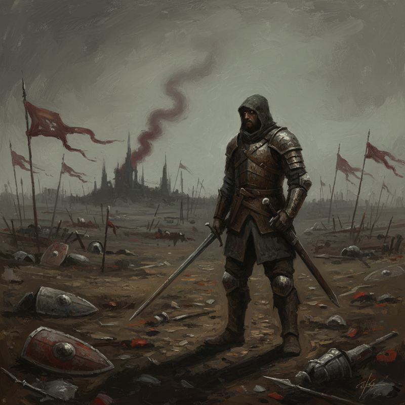 Back in the present, the swordsman (clad in worn leather armor) stops, noticing something in the distance: a faint plume of smoke rising…