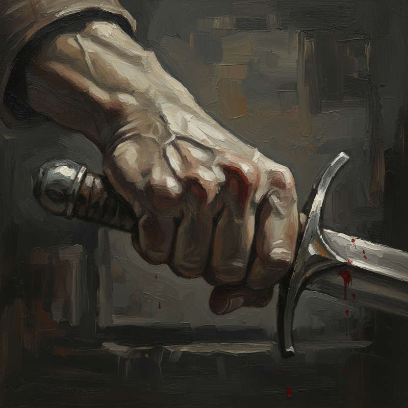 Close-up on the swordsman's hand tightening its grip on his sword hilt.