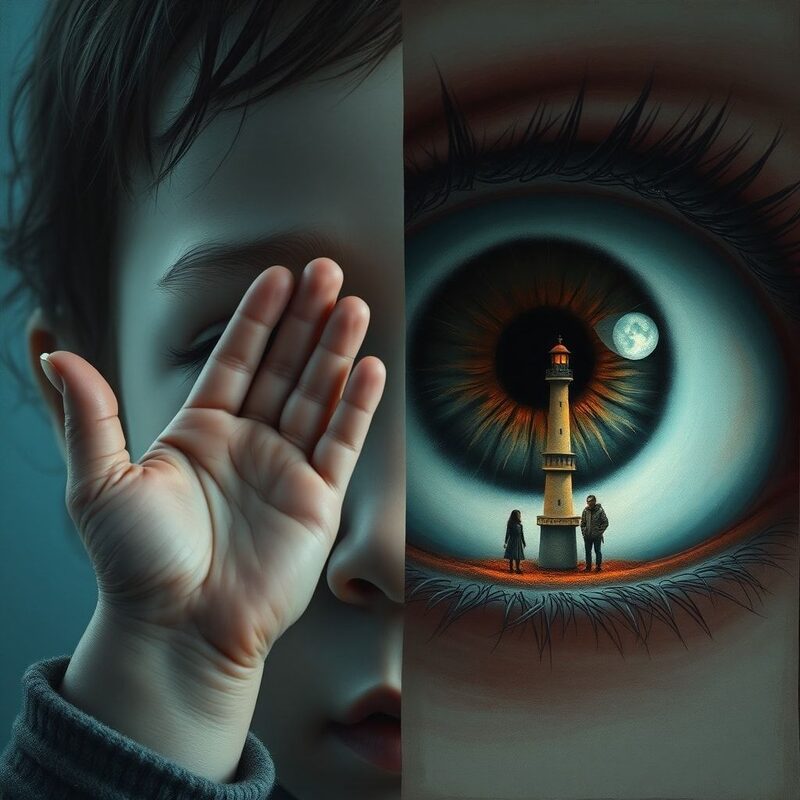 A quiet, intimate close-up split down the middle: left, the child's small hand held palm-up, skin creased and a thumb curled; right, a…