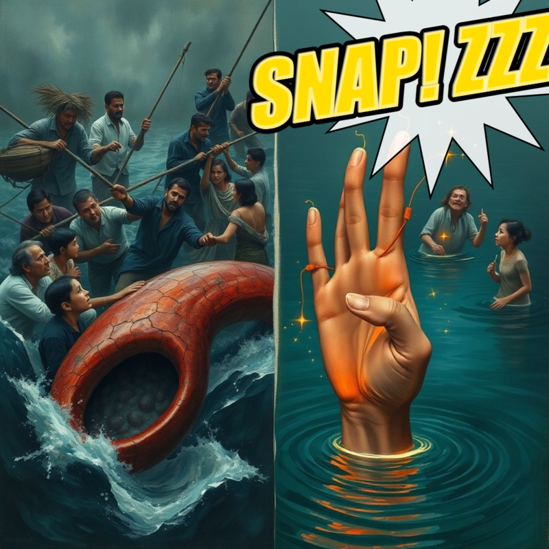 Split composition: left panel jagged and chaotic — men with harpoons and coils of rope shout, faces taut with fear and anger; ropes are…