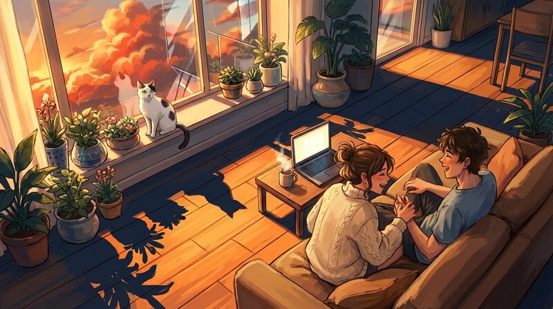 Wide shot of a sun-soaked flat: warm wooden floor, a windowsill crowded with glazed plant pots, a steaming mug beside an open laptop.