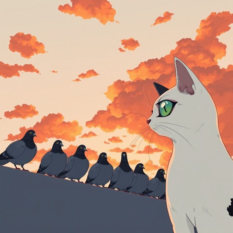 Cut to outside: a neat row of pigeons perched along the ledge, silhouettes against a pale sky.