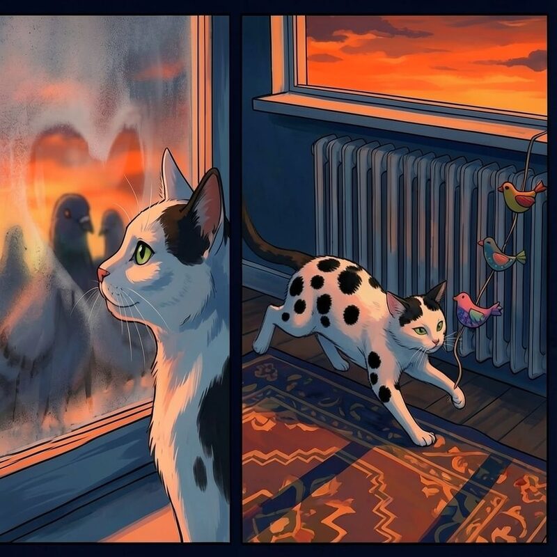 A quick-action sequence divided into three mini-frames across the panel: 1) The cat (a white cat with a black ear patch, a black splash on…